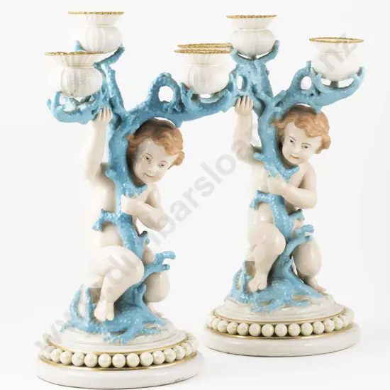 Pair Belleek Black Mark Cherub and Coral Candlesticks 39.5cm H