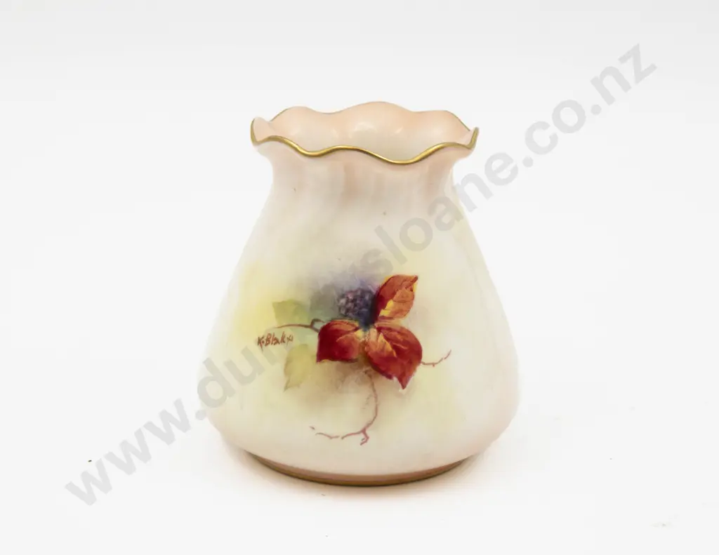 Post 1975 Royal Worcester Posy Vase Hand Painted with Fruits Signed K Blake 8.5cm H Image 1++