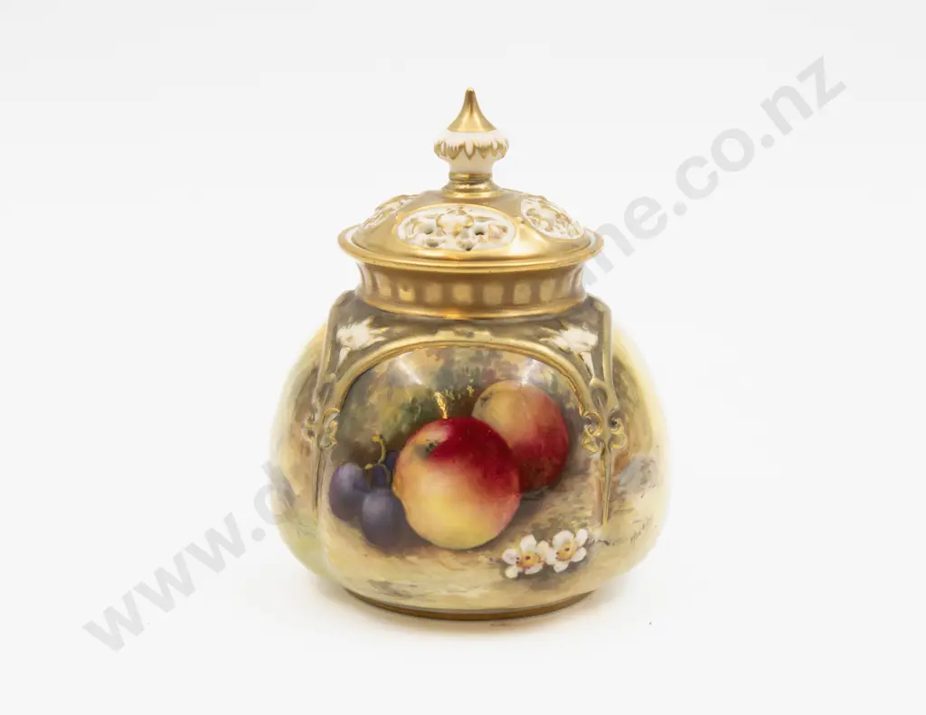 C1928 Royal Worcester Lidded Posy Pot Hand Painted with Fruits Signed Moseley 11.5cm H Image 1++