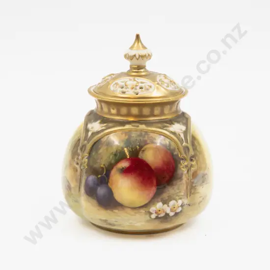 C1928 Royal Worcester Lidded Posy Pot Hand Painted with Fruits Signed Moseley 11.5cm H