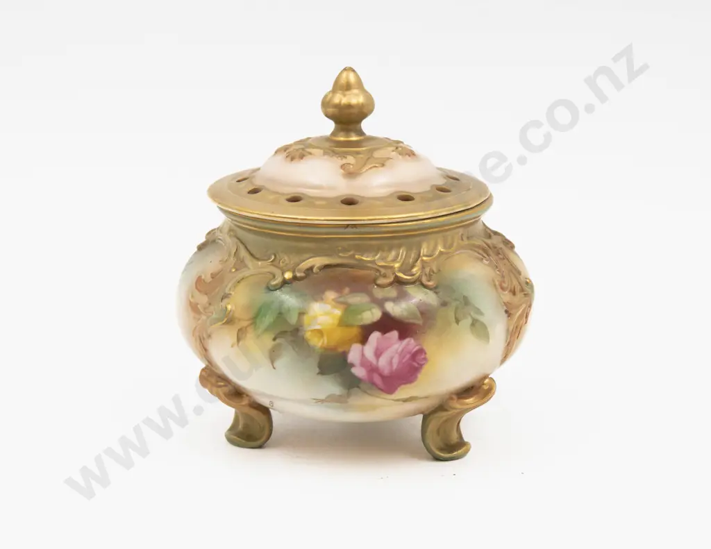 C1898 Royal Worcester Lidded Pot Hand Painted with Florals Unsigned 13cm H Image 1++