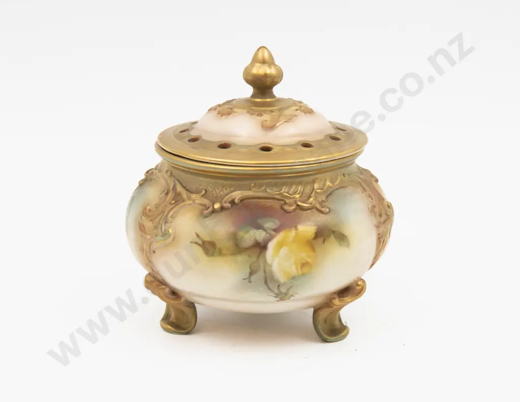 C1898 Royal Worcester Lidded Pot Hand Painted with Florals Unsigned 13cm H Image 1++