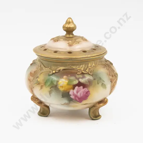 C1898 Royal Worcester Lidded Pot Hand Painted with Florals Unsigned 13cm H