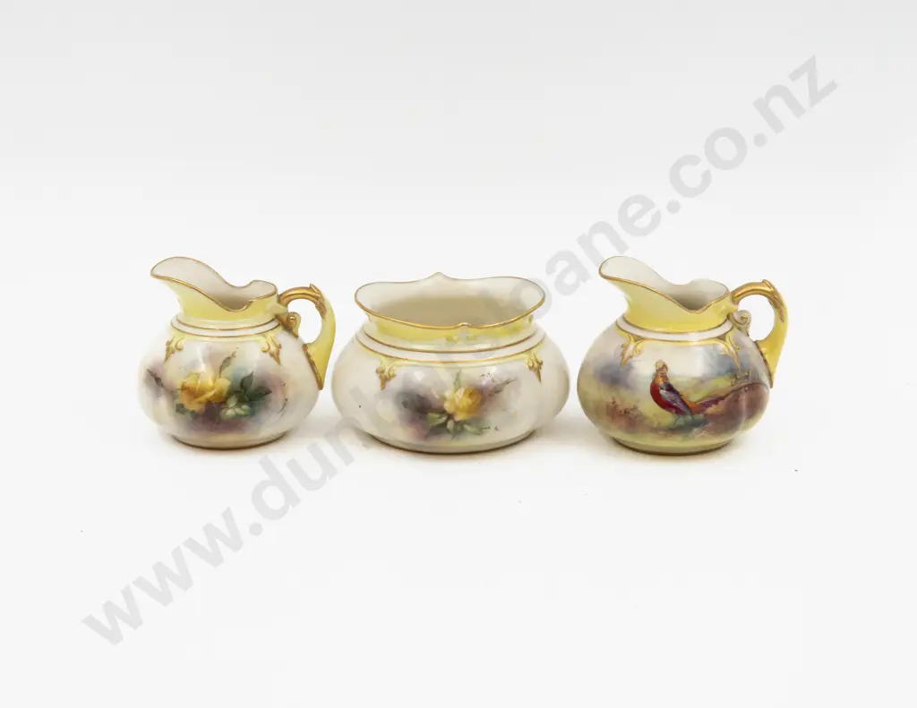 C1893 Royal Worcester Hadley Ware Sugar & Cream Hand Painted with Florals Unsigned Tallest 6cm H Image 1++