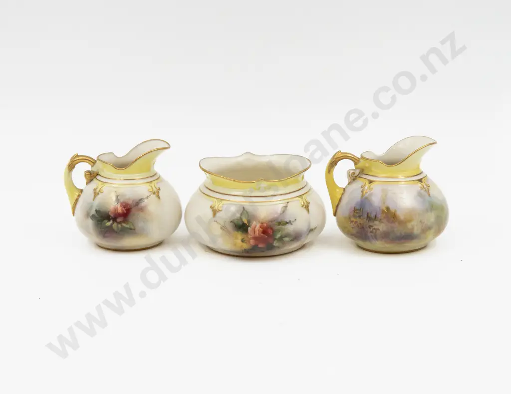 C1893 Royal Worcester Hadley Ware Sugar & Cream Hand Painted with Florals Unsigned Tallest 6cm H Image 1++