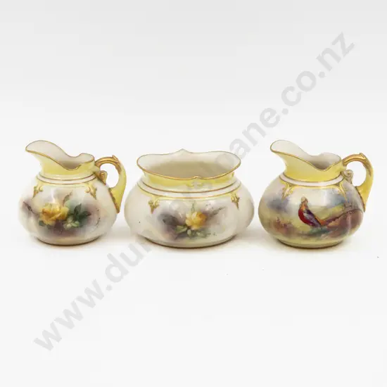 C1893 Royal Worcester Hadley Ware Sugar & Cream Hand Painted with Florals Unsigned Tallest 6cm H