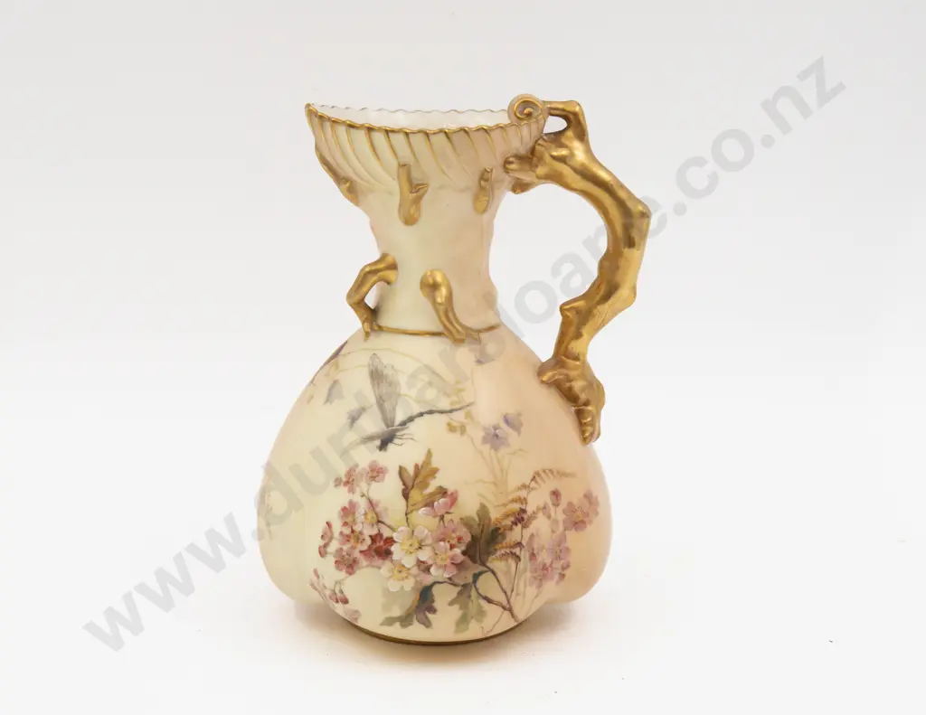 C1899 Royal Worcester Peach Ground Ewer Hand Painted with Florals 18cm H Image 1++