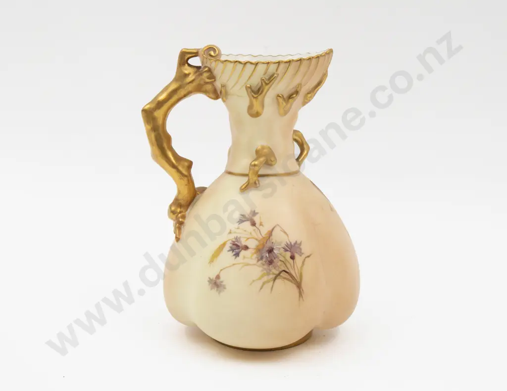 C1899 Royal Worcester Peach Ground Ewer Hand Painted with Florals 18cm H Image 1++