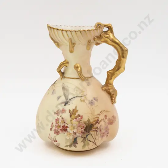 C1899 Royal Worcester Peach Ground Ewer Hand Painted with Florals 18cm H