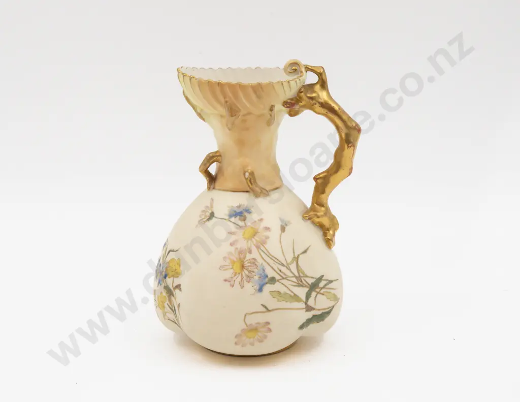 C1892 Royal Worcester Peach Ground Ewer Hand Painted with Florals 18.5cm H Image 1++