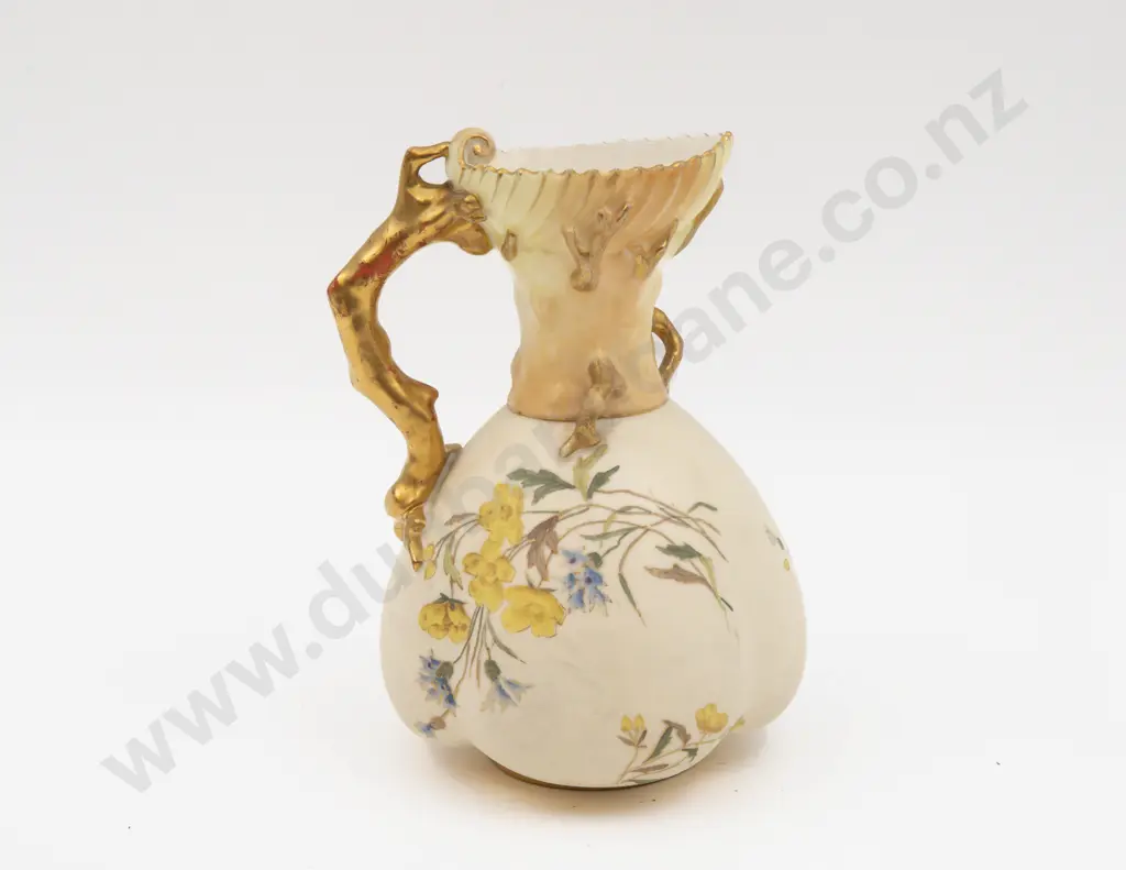 C1892 Royal Worcester Peach Ground Ewer Hand Painted with Florals 18.5cm H Image 1++