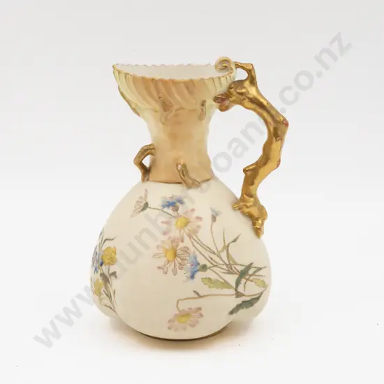 C1892 Royal Worcester Peach Ground Ewer Hand Painted with Florals 18.5cm H