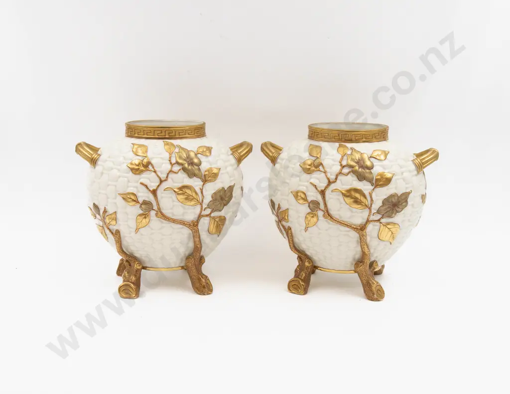 C1881 Pair Royal Worcester Footed Vases with Gilt Decoration 20cm H Image 1++