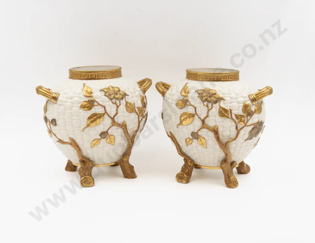 C1881 Pair Royal Worcester Footed Vases with Gilt Decoration 20cm H Image 1++
