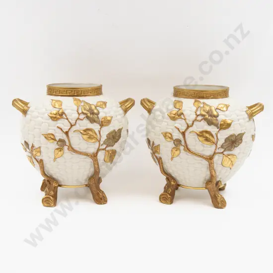 C1881 Pair Royal Worcester Footed Vases with Gilt Decoration 20cm H