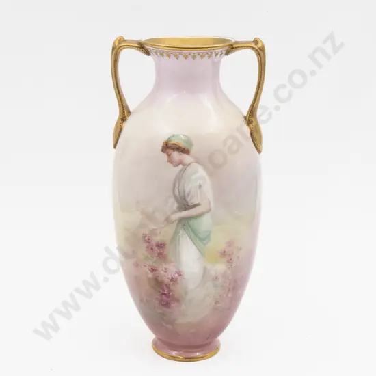 Early/Mid C20th Royal Doulton Two Handled Vase Hand Painted with Figure Signed Arthur Leslie 29cm H