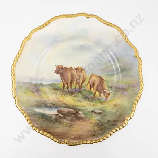 Post 1975 Royal Worcester Plate Hand Painted with Highland Cattle Signed E Townsend 27cm Dia