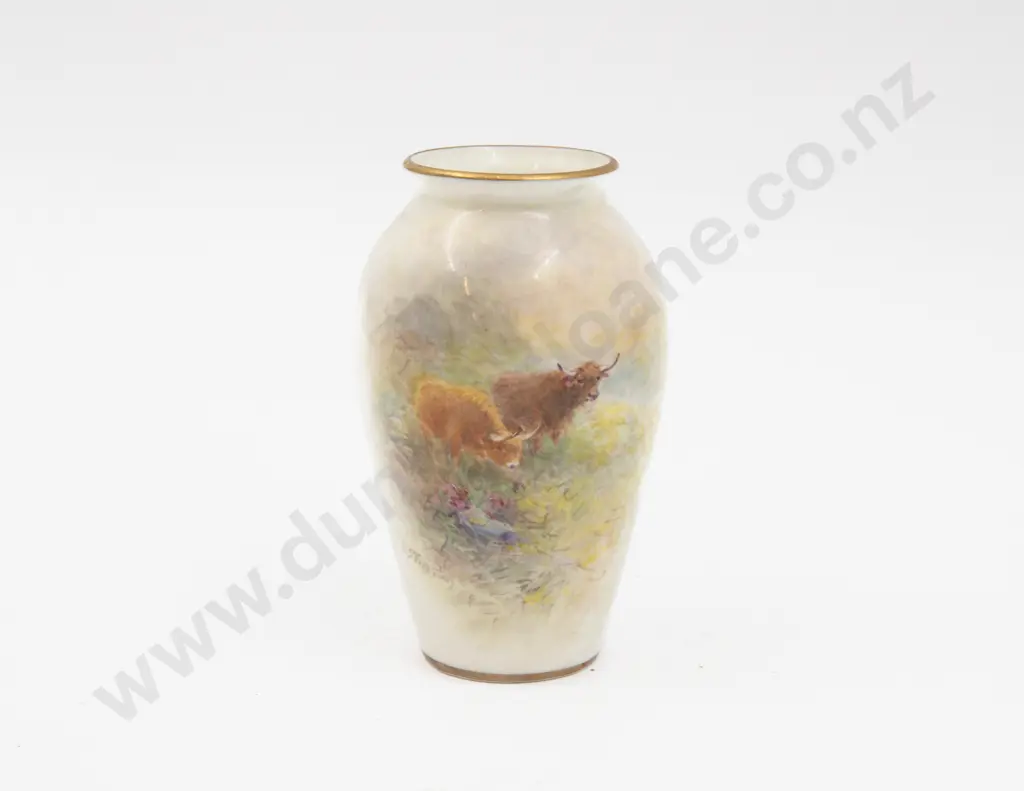 Post 1975 Royal Worcester Posy Vase Hand Painted with Highland Cattle Signed H Stinton 10.5cm H Image 1++
