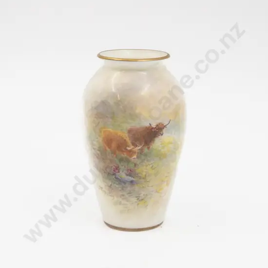 Post 1975 Royal Worcester Posy Vase Hand Painted with Highland Cattle Signed H Stinton 10.5cm H