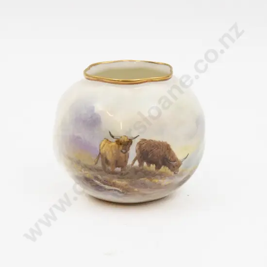 Post 1975 Royal Worcester Posy Pot Hand Painted with Highland Cattle Signed J Allen 7cm H