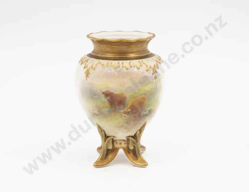 Post 1975 Royal Worcester Posy Vase (Missing Lid) Hand Painted with Highland Cattle Signed H Stinton 9.7cm H Image 1++