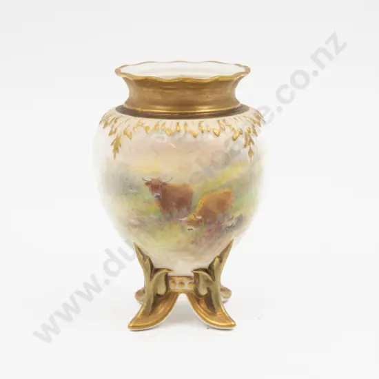 Post 1975 Royal Worcester Posy Vase (Missing Lid) Hand Painted with Highland Cattle Signed H Stinton 9.7cm H