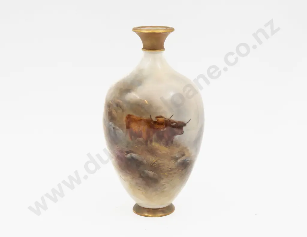 C1912 Royal Worcester Vase Hand Painted with Highland Cattle Signed H Stinton 20.5cm H Image 1++
