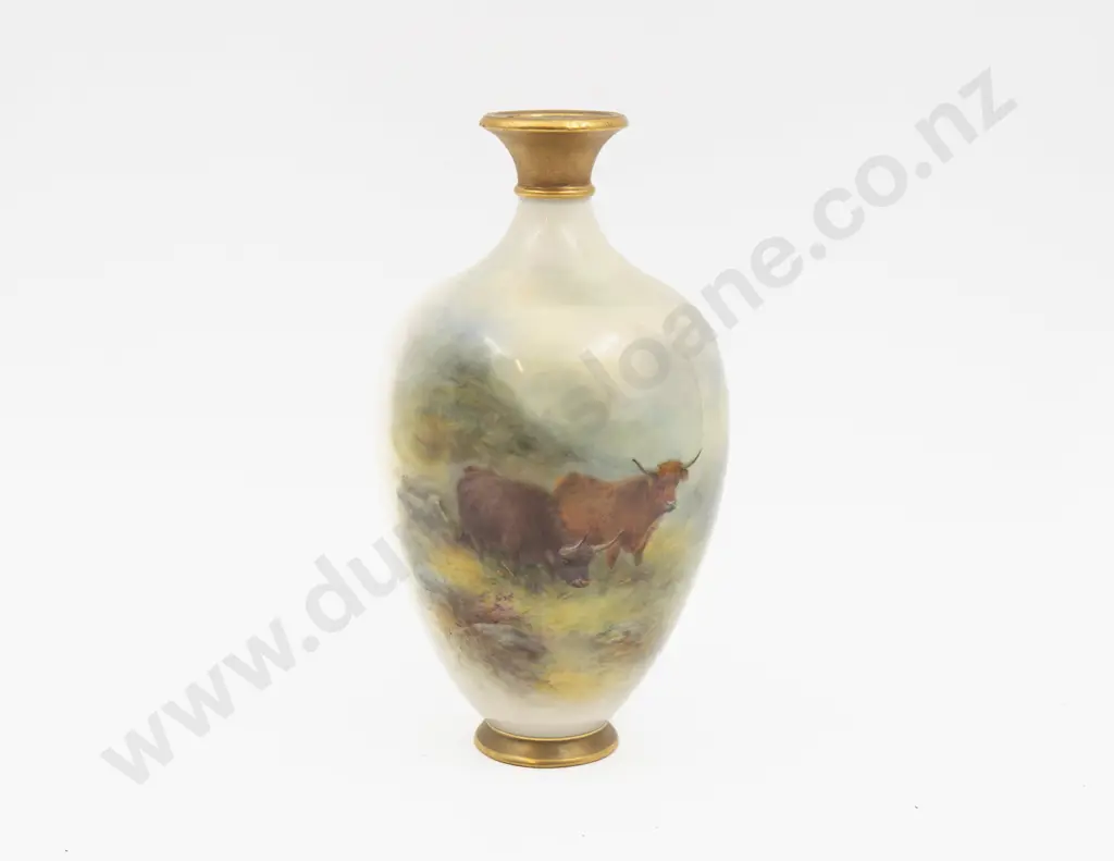 C1917 Royal Worcester Vase Hand Painted with Highland Cattle Signed H Stinton 20.5cm H Image 1++