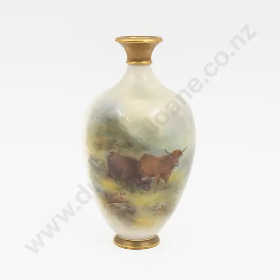 C1917 Royal Worcester Vase Hand Painted with Highland Cattle Signed H Stinton 20.5cm H