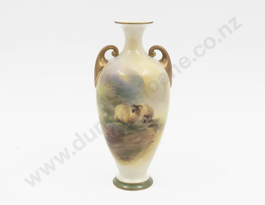 C1908 Royal Worcester Vase Hand Painted with Sheep 20cm H (Heavily Restored) Image 1++