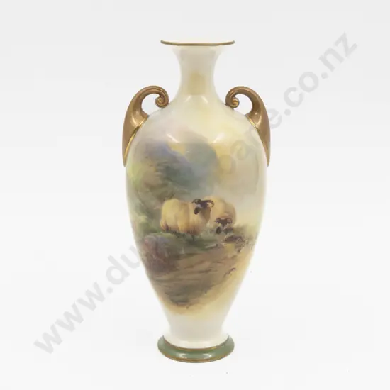 C1908 Royal Worcester Vase Hand Painted with Sheep 20cm H (Heavily Restored)