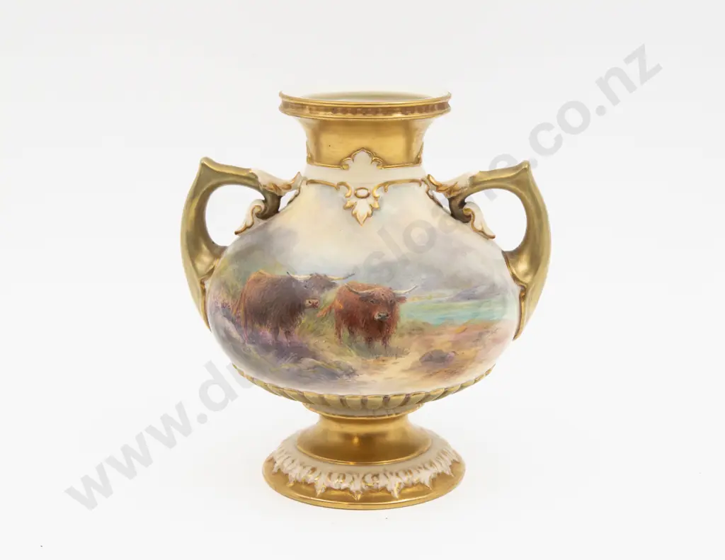 C1931 Royal Worcester Vase Hand Painted With Highland Cattle Signed H Stinton 17.5cm H Image 1++