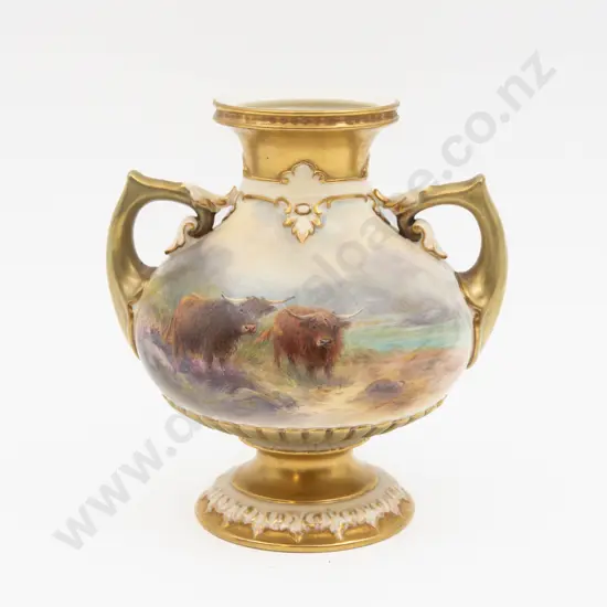 C1931 Royal Worcester Vase Hand Painted With Highland Cattle Signed H Stinton 17.5cm H