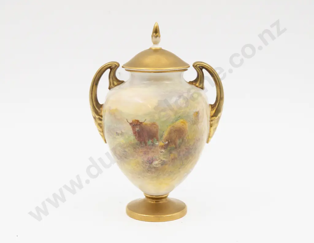 Post 1975 Royal Worcester Covered Urn Hand Painted With Highland Cattle Signed H Stinton 17cm H Image 1++
