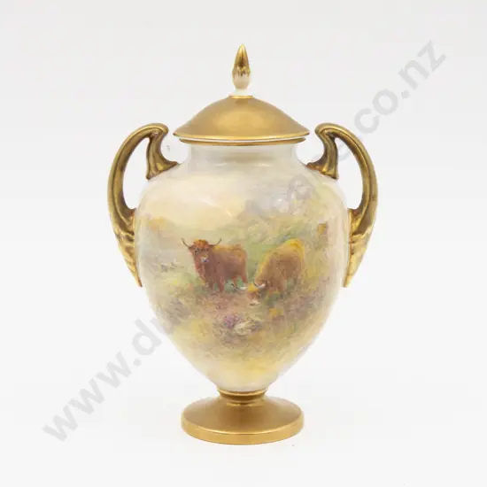 Post 1975 Royal Worcester Covered Urn Hand Painted With Highland Cattle Signed H Stinton 17cm H