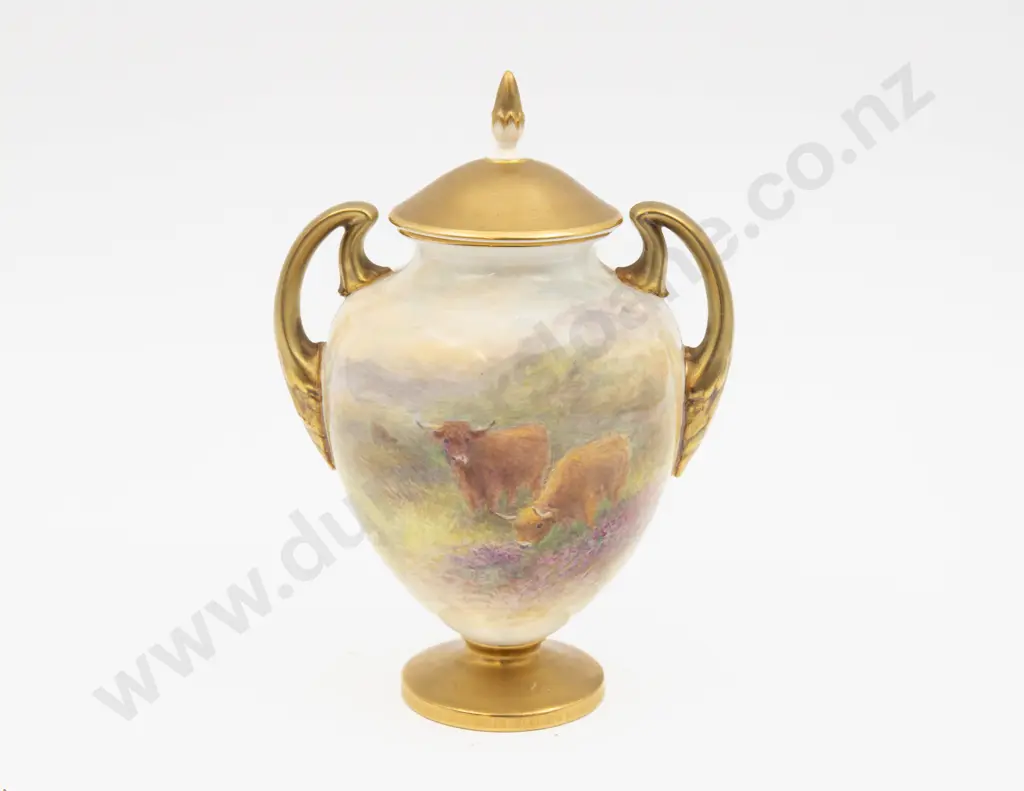 Post 1975 Royal Worcester Covered Urn Hand Painted With Highland Cattle Signed H Stinton 17cm H Image 1++