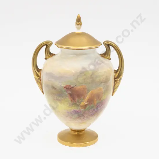 Post 1975 Royal Worcester Covered Urn Hand Painted With Highland Cattle Signed H Stinton 17cm H