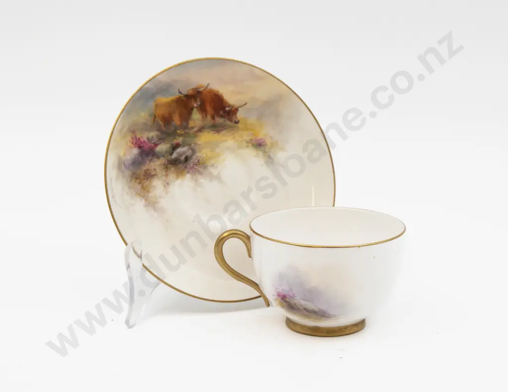 C1924 Royal Worcester Cup & Saucer Hand Painted With Highland Cattle Signed H Stinton Image 1++