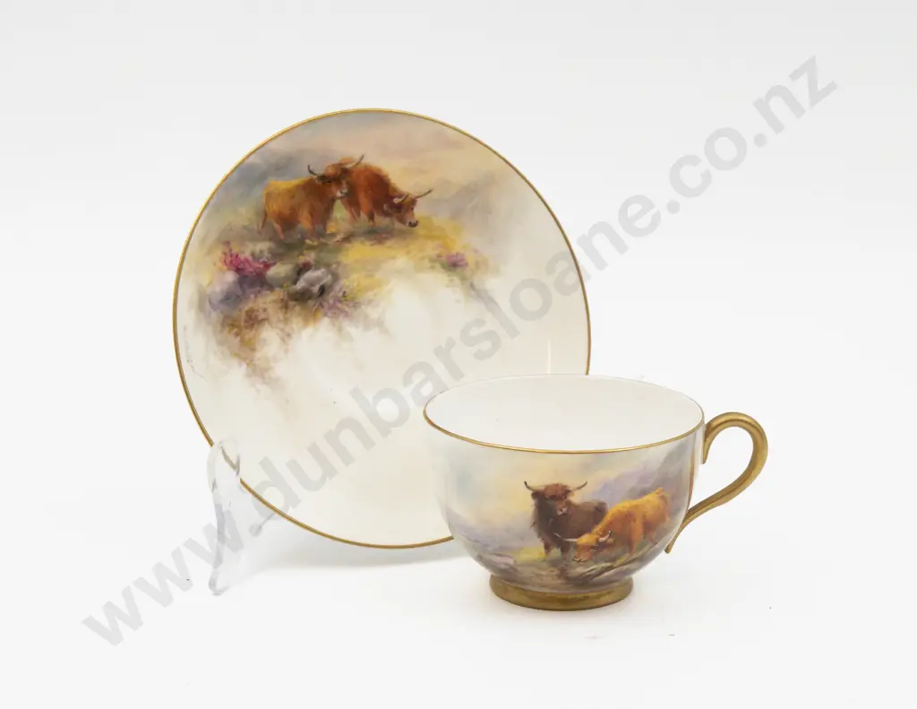 C1924 Royal Worcester Cup & Saucer Hand Painted With Highland Cattle Signed H Stinton Image 1++