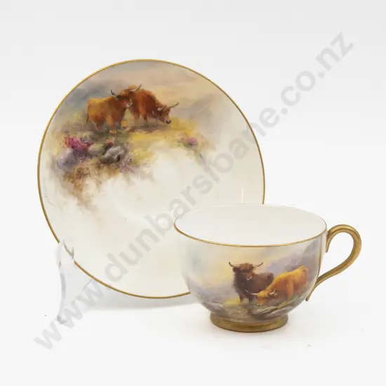 C1924 Royal Worcester Cup & Saucer Hand Painted With Highland Cattle Signed H Stinton