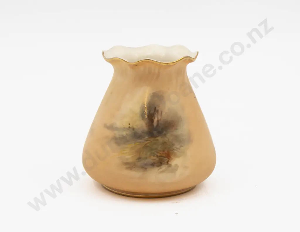 C1908 Royal Worcester Vase Peach Ground Posy Pot Hand Painted with Pheasants Signed Jas Stinton 8.5cm H Image 1++