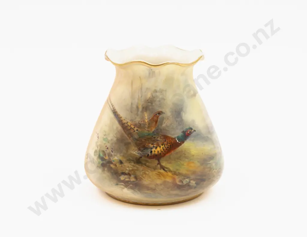 C1908 Royal Worcester Vase Peach Ground Posy Pot Hand Painted with Pheasants Signed Jas Stinton 8.5cm H Image 1++