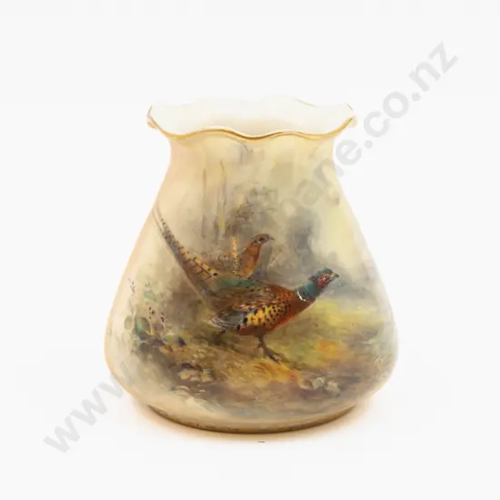 C1908 Royal Worcester Vase Peach Ground Posy Pot Hand Painted with Pheasants Signed Jas Stinton 8.5cm H