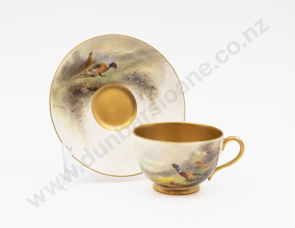 C1921 Royal Worcester Cup & Saucer Hand Painted with Pheasants Signed Jas Stinton Image 1++
