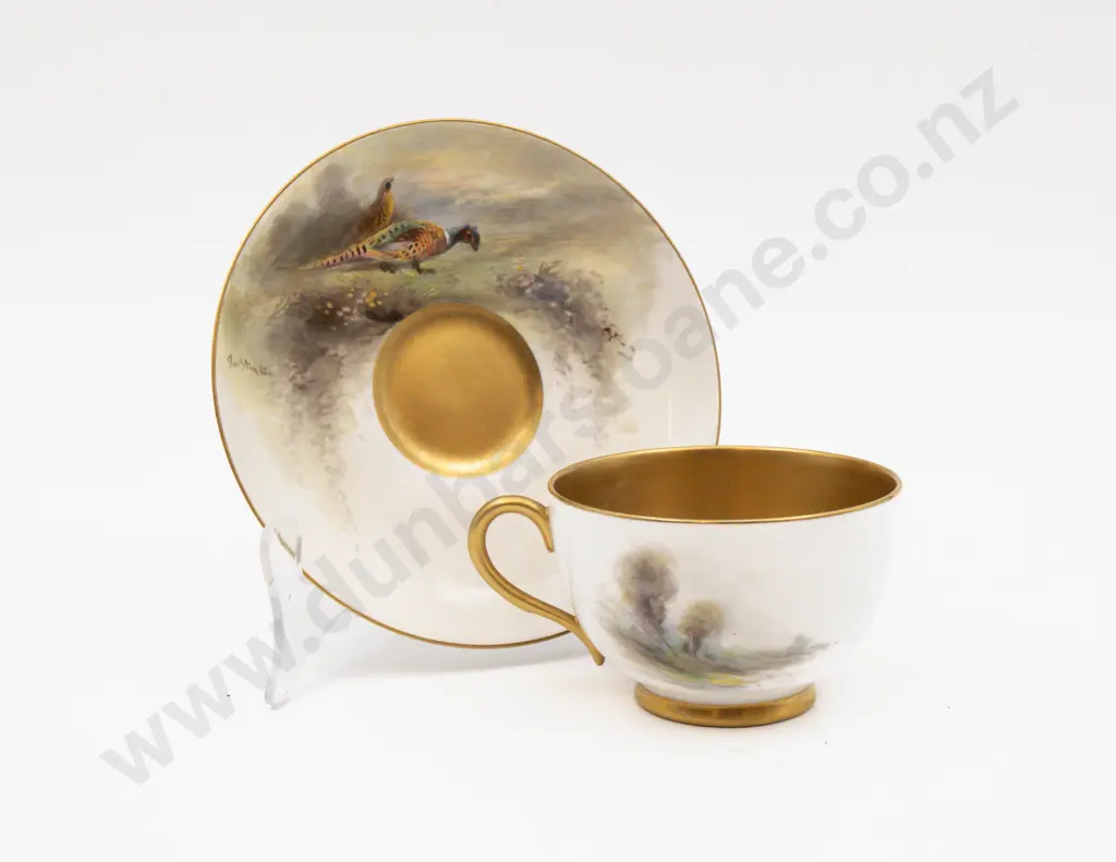 C1921 Royal Worcester Cup & Saucer Hand Painted with Pheasants Signed Jas Stinton Image 1++
