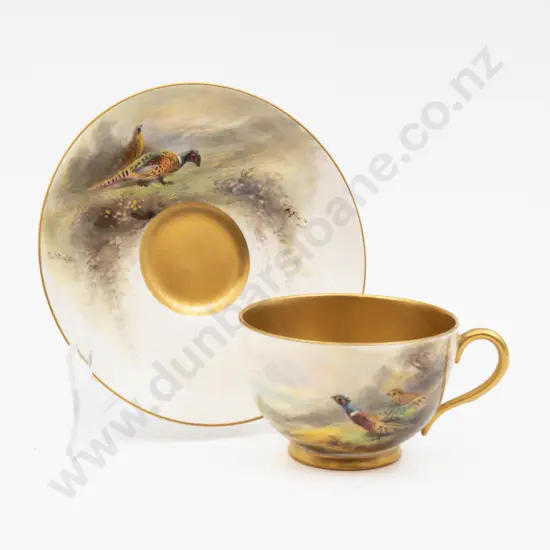 C1921 Royal Worcester Cup & Saucer Hand Painted with Pheasants Signed Jas Stinton