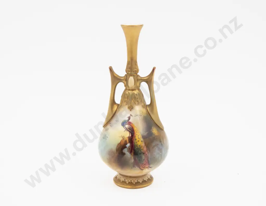 C1899 Royal Worcester Specimen Vase Hand Painted with Peacock Signed F J Bray 16cm H Image 1++