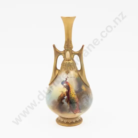 C1899 Royal Worcester Specimen Vase Hand Painted with Peacock Signed F J Bray 16cm H