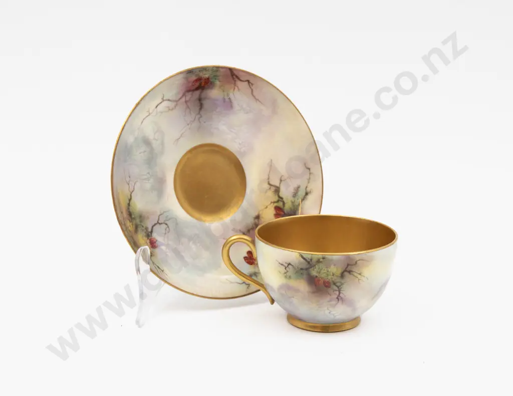 C1921 Royal Worcester Cup & Saucer Hand Painted with Peacock Signed J Flaxman Image 1++