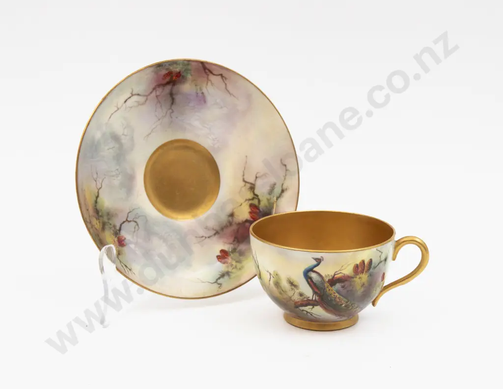 C1921 Royal Worcester Cup & Saucer Hand Painted with Peacock Signed J Flaxman Image 1++